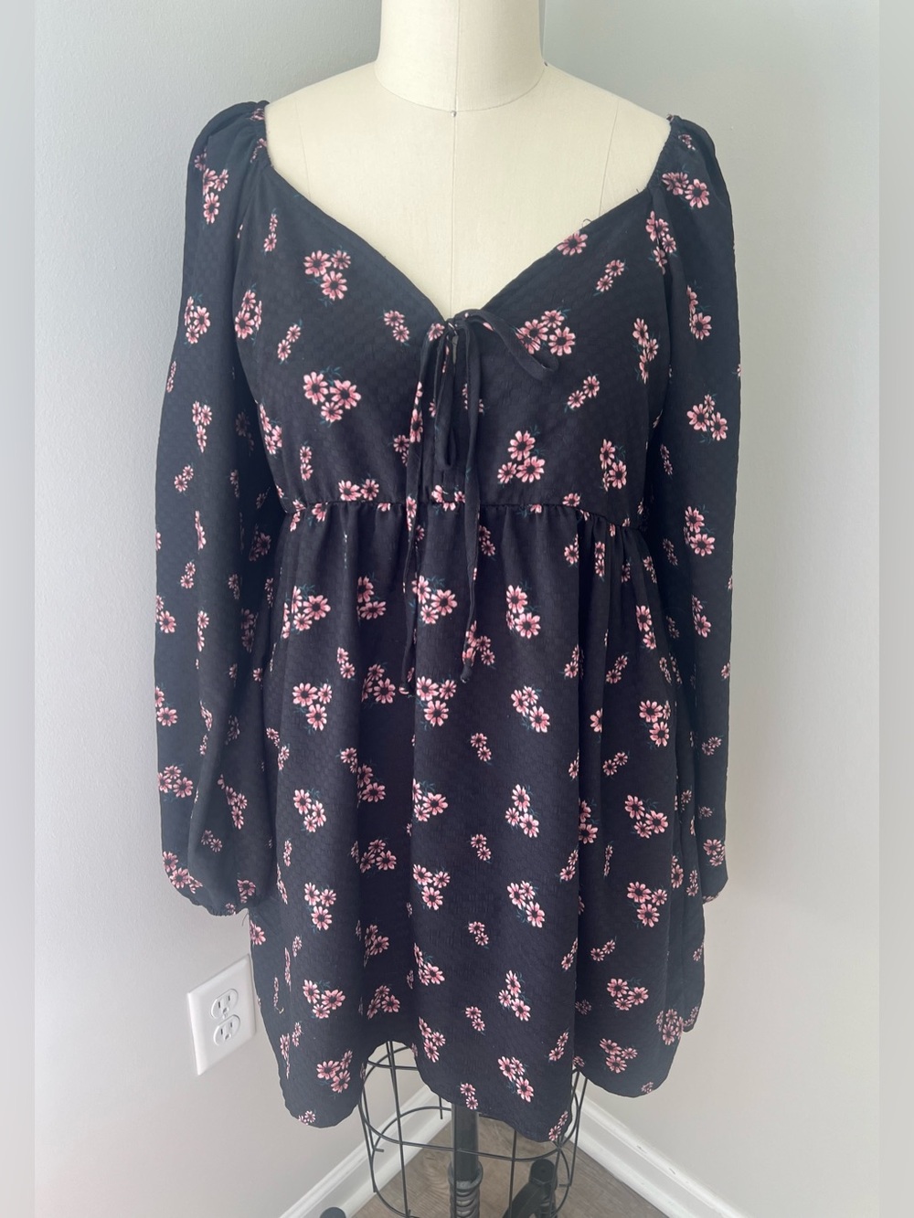 Wild Fable Black Floral Tie-Front Babydoll Dress